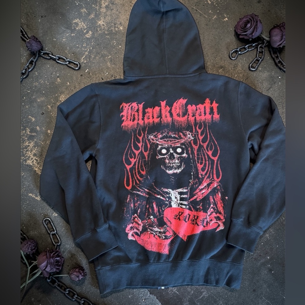 BlackCraft Black Faithless Full Zip Hoodie Featuring A Crowned Skeleton Reaper - Picture 5 of 8